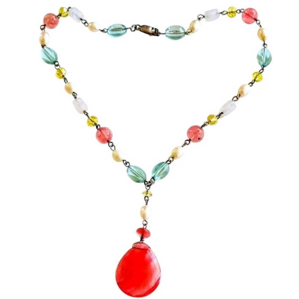 Y2K pink Cherry Quartz Y-Necklace VTG freshwater pearl Beaded‎ Sterling 925 18"